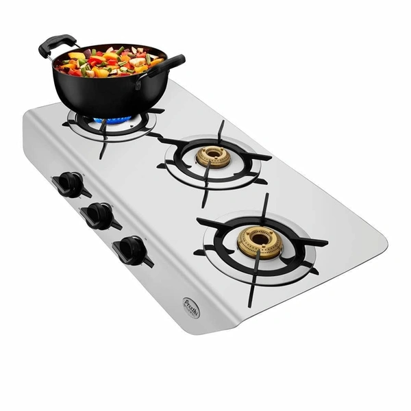 Preethi Stylo Steel 3 Burner Gas Stove |Curved & Sleek design| Heavy Brass Burner| Ant Guard Jet | Removable Drip Tray  SSGS-011