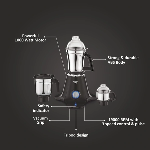 Preethi Taurus Pro MG-256 | 1000 Watt Mixer Grinder | 3 Jars | Black | 2-Year Warranty | Lifelong Free Service  MG-256  