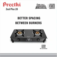 Preethi Blu Flame Zeal Plus Glass Top 2-Burner Manual Gas Stove (Black) (ISI Certified)  GTS-408
