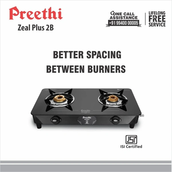 Preethi Blu Flame Zeal Plus Glass Top 2-Burner Manual Gas Stove (Black) (ISI Certified)  GTS-408
