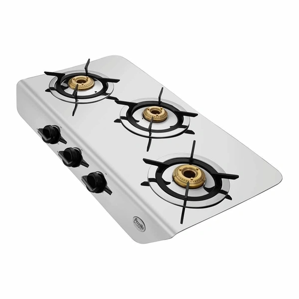 Preethi Stylo Steel 3 Burner Gas Stove |Curved & Sleek design| Heavy Brass Burner| Ant Guard Jet | Removable Drip Tray  SSGS-011