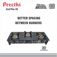 Preethi Blu Flame Zeal Plus Glass Top 3-Burner Manual Gas Stove (Black) (ISI Certified)  GTS-124