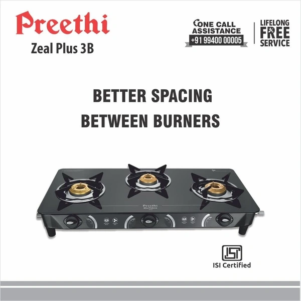 Preethi Blu Flame Zeal Plus Glass Top 3-Burner Manual Gas Stove (Black) (ISI Certified)  GTS-124