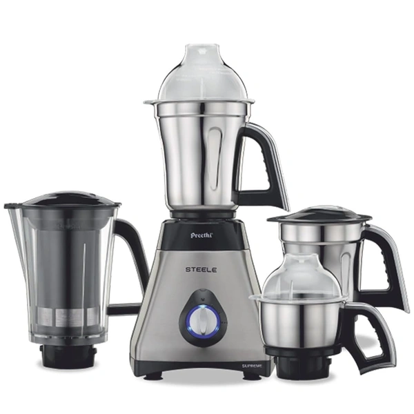 Preethi Steel Supreme MG-208 mixer grinder, 750 watt (Silver/ Black), 4 jars - Super Extractor juicer Jar, Vega W5 motor with 5yr Warranty & Lifelong Free Service  MG-208
