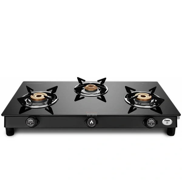 Preethi Bluflame Sparkle Power Duo 3 Burner Glass top Gas Stove with Power Burner and Swirl flame technology, saves gas and cooks faster, Manual Ignition, Black  GTS-403 