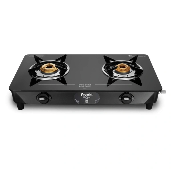 Preethi - GTS123 Zeal glass top 2 burner gas stove, Manual Ignition, Black (ISI Certified)  GTS-123
