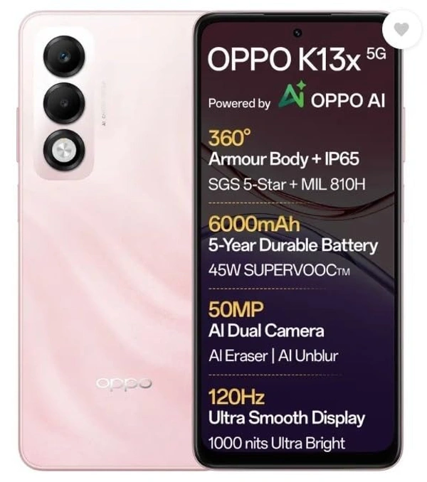OPPO K13x 5G 6000mAh and 45W SUPERVOOC Charger & AI (Sunset Peach, 128 GB) (4 GB RAM)