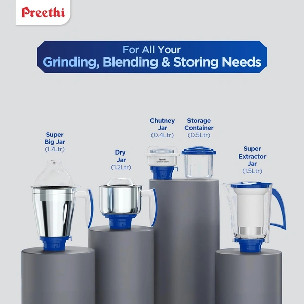  Preethi Blue Leaf Platinum MG 139 mixer grinder, 750 watt, White, 4 jars - Super Extractor juicer Jar & Storage Air-Tight Container, FBT motor with 5yr...  MG-139 