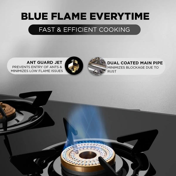 Preethi Bluflame Sparkle Power Duo 3 Burner Glass top Gas Stove with Power Burner and Swirl flame technology, saves gas and cooks faster, Manual Ignition, Black  GTS-403 