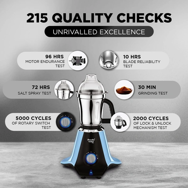Preethi Taurus Pro Mixer Grinder for Kitchen, 3 Jars 1000 Watt Mixie, Dry and Wet Grinder Jar, 2 Year Warranty, Blue-Black, (Mg-259) Plastic  MG-259