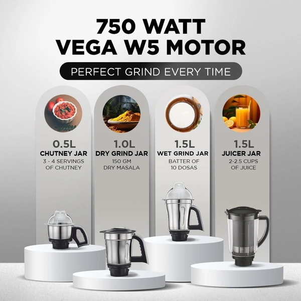 Preethi Steel Supreme MG-208 mixer grinder, 750 watt (Silver/ Black), 4 jars - Super Extractor juicer Jar, Vega W5 motor with 5yr Warranty & Lifelong Free Service  MG-208
