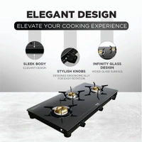 Preethi Tempered Glass Luxe Pro 3 Burner Glass Top Gas Stove With Driptray Less Infinity Design, With Jumbo Burner, 5 Year Warranty On Glass & Burner, Manual Design, Black  GTS-417