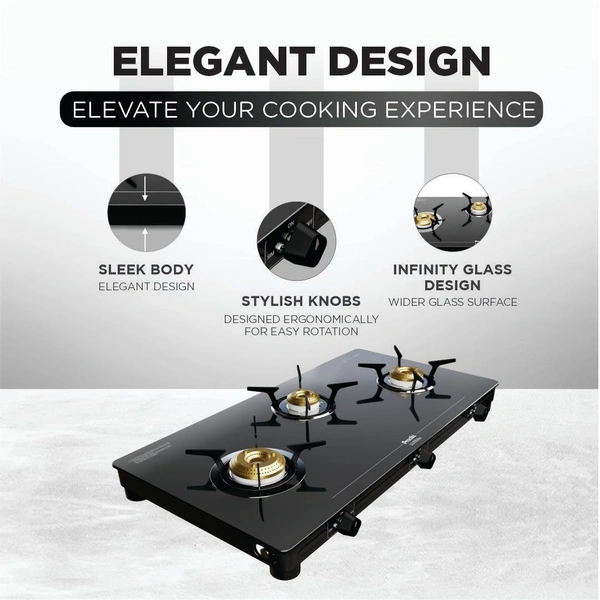 Preethi Tempered Glass Luxe Pro 3 Burner Glass Top Gas Stove With Driptray Less Infinity Design, With Jumbo Burner, 5 Year Warranty On Glass & Burner, Manual Design, Black  GTS-417