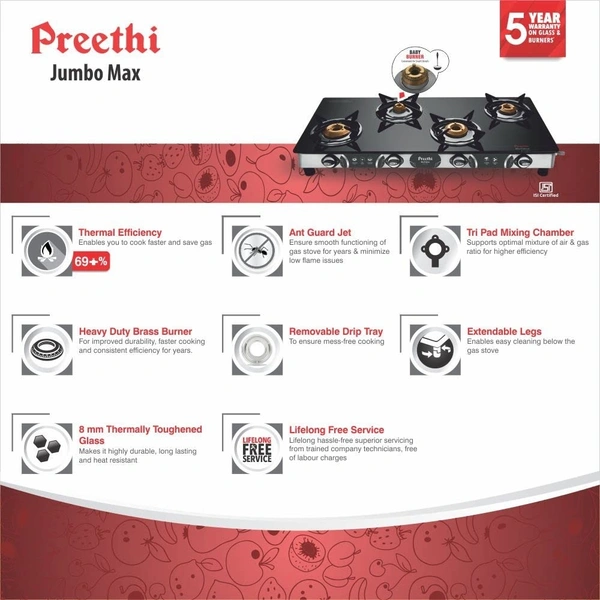 Preethi Blu-Flame Stainless Steel Jumbo Max Glass Top LPG Gas Stove with 4 Burner (Multicolour) (ISI Certified), Standard, GTS 118 Open  GTS-118  