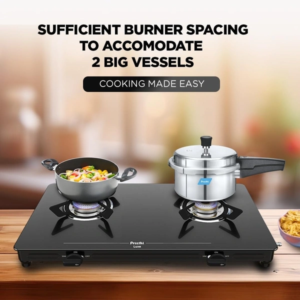 Preethi Luxe 2 Burner Glass Top Gas Stove With Driptray Less Infinity Design, 5 Year Warranty on Glass & Burner, Manual Design, Black  GTS-414