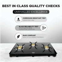 Preethi Tempered Glass Luxe Pro 3 Burner Glass Top Gas Stove With Driptray Less Infinity Design, With Jumbo Burner, 5 Year Warranty On Glass & Burner, Manual Design, Black  GTS-417