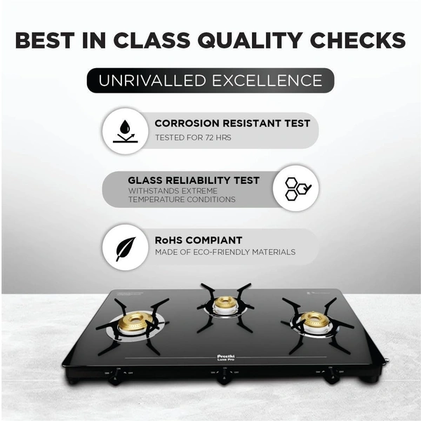 Preethi Tempered Glass Luxe Pro 3 Burner Glass Top Gas Stove With Driptray Less Infinity Design, With Jumbo Burner, 5 Year Warranty On Glass & Burner, Manual Design, Black  GTS-417