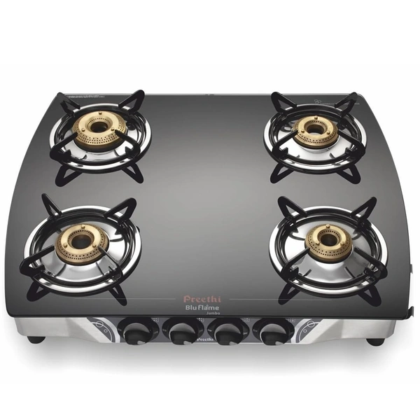 Preethi Blu Flame Jumbo Glass top 4 Burner Gas Stove, Manual Ignition, Black (ISI Certified)   GTS-106