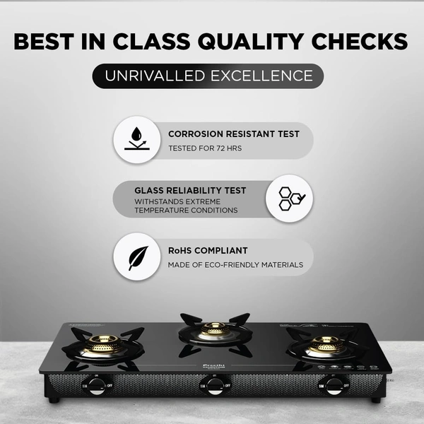 Preethi Valentino glass top 3 burner gas stove, Manual Ignition, Black (ISI Approved with Life Time Brand Warranty)  GTS-121