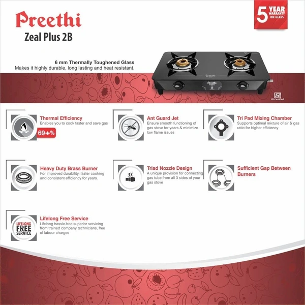 Preethi Blu Flame Zeal Plus Glass Top 2-Burner Manual Gas Stove (Black) (ISI Certified)  GTS-408