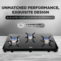 Preethi Tempered Glass Luxe Pro 3 Burner Glass Top Gas Stove With Driptray Less Infinity Design, With Jumbo Burner, 5 Year Warranty On Glass & Burner, Manual Design, Black  GTS-417