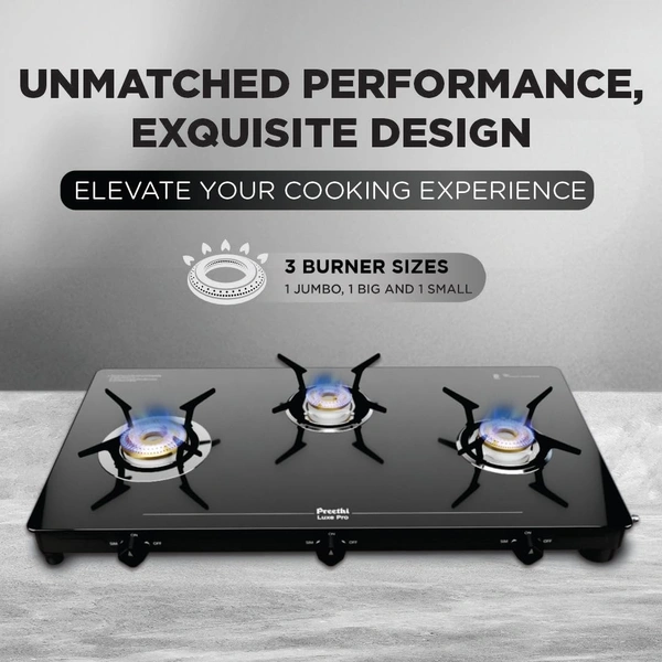 Preethi Tempered Glass Luxe Pro 3 Burner Glass Top Gas Stove With Driptray Less Infinity Design, With Jumbo Burner, 5 Year Warranty On Glass & Burner, Manual Design, Black  GTS-417