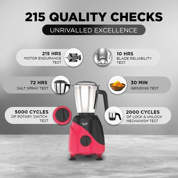 Preethi Peppy Mixer Grinder for Kitchen| 750 Watt Mixie, 3 jars | 5yr Motor Warranty & Lifelong Free Service | Black/Red  MG-245
