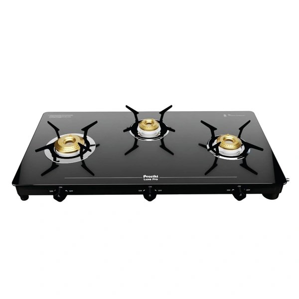 Preethi Tempered Glass Luxe Pro 3 Burner Glass Top Gas Stove With Driptray Less Infinity Design, With Jumbo Burner, 5 Year Warranty On Glass & Burner, Manual Design, Black  GTS-417