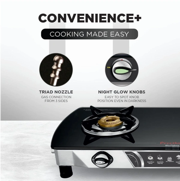 Preethi Bluflame Streak Plus Glass Top 2 Burner Gas Stove, with Jumbo Burner, Manual Ignition, Black   GTS-116