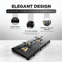 Preethi Luxe Max 4 Burner Glass Top Gas Stove With Driptray Less Infinity Design, With Jumbo Burner, 5 Year Warranty on Glass & Burner, Manual Design, Black  GTS-418  