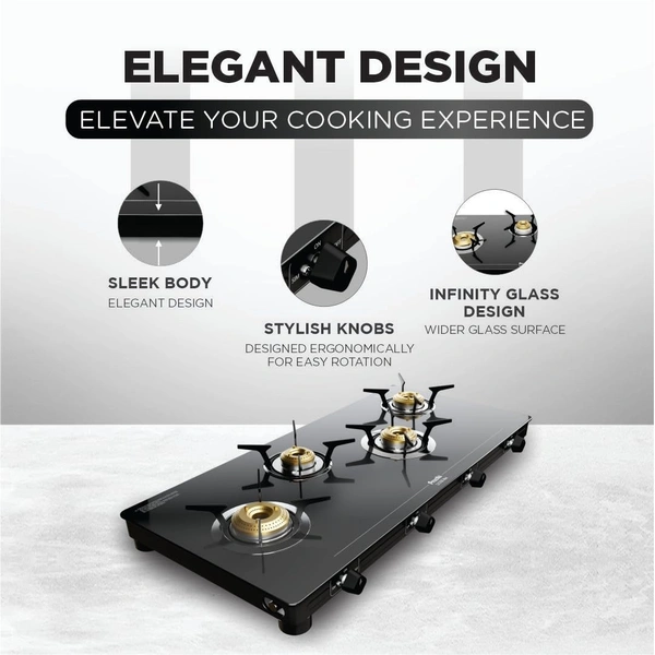 Preethi Luxe Max 4 Burner Glass Top Gas Stove With Driptray Less Infinity Design, With Jumbo Burner, 5 Year Warranty on Glass & Burner, Manual Design, Black  GTS-418  