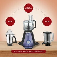  Preethi Zodiac Glitter MG 264, 750 Watt Mixer Grinder, 5 Jars (3 Stainless steel Jars +1 Juicer Jar+1 Master Chef Plus Food processor Jar), Lavender/Black  MG-264  