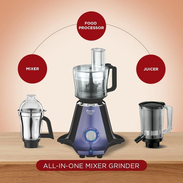  Preethi Zodiac Glitter MG 264, 750 Watt Mixer Grinder, 5 Jars (3 Stainless steel Jars +1 Juicer Jar+1 Master Chef Plus Food processor Jar), Lavender/Black  MG-264  