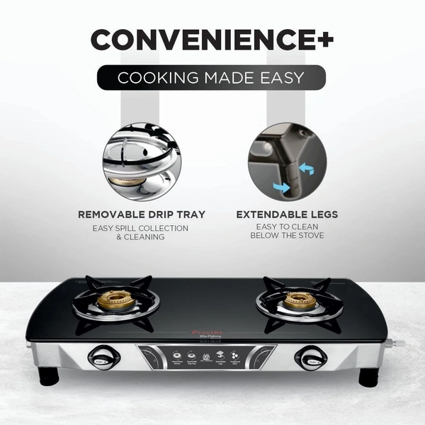 Preethi Bluflame Streak Plus Glass Top 2 Burner Gas Stove, with Jumbo Burner, Manual Ignition, Black   GTS-116