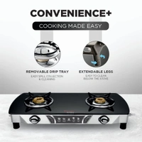 Preethi Bluflame Streak Plus Glass Top 2 Burner Gas Stove, with Jumbo Burner, Manual Ignition, Black  GTS-405