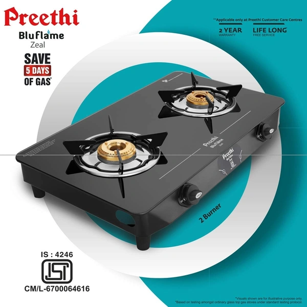 Preethi - GTS123 Zeal glass top 2 burner gas stove, Manual Ignition, Black (ISI Certified)  GTS-123