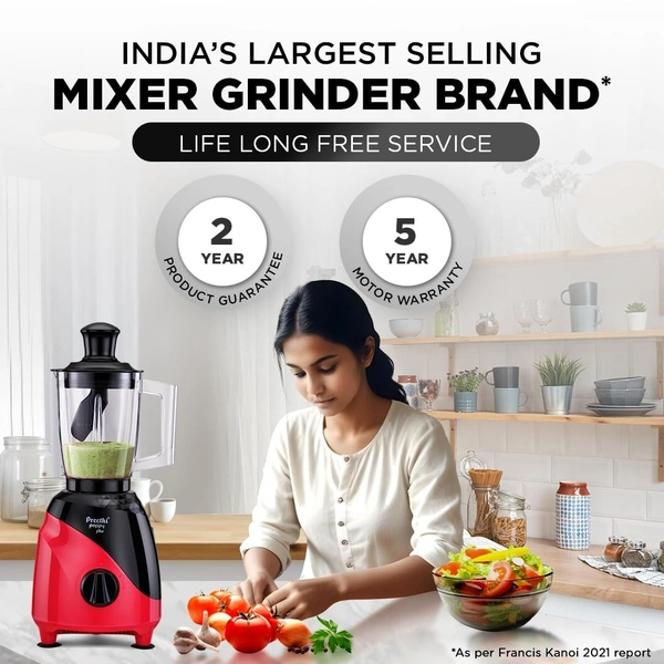 Preethi Peppy Plus MG-246 Mixer Grinder, 750 watt, Red-Black, 4 Jars - Super Food Jar with Texture Builder & 3D Airflow Technology, Vega W5 Motor with 5yr Warranty & Lifelong Free Service, Standard   MG-246
