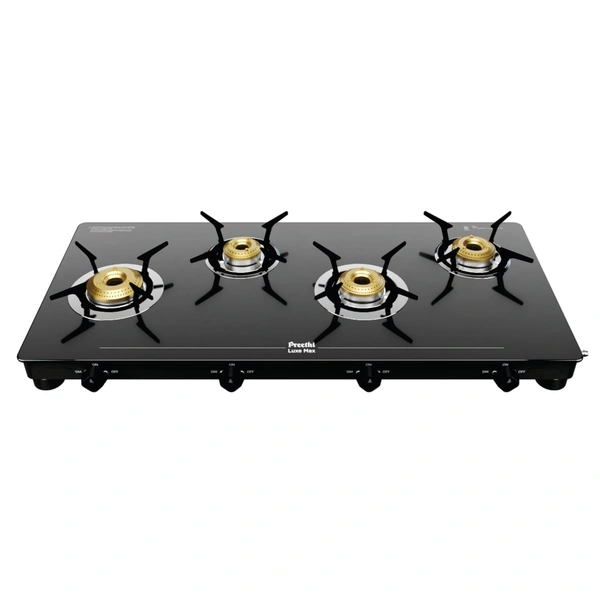 Preethi Luxe Max 4 Burner Glass Top Gas Stove With Driptray Less Infinity Design, With Jumbo Burner, 5 Year Warranty on Glass & Burner, Manual Design, Black  GTS-418  