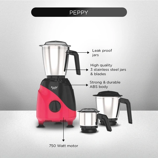 Preethi Peppy Mixer Grinder for Kitchen| 750 Watt Mixie, 3 jars | 5yr Motor Warranty & Lifelong Free Service | Black/Red  MG-245