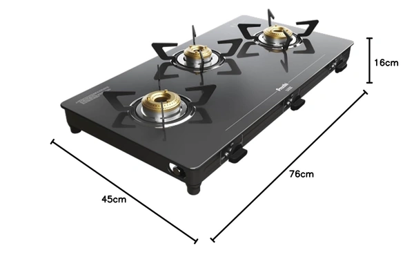 ‎Preethi Luxe 3 Burner Glass Top Gas Stove With Driptray Less Infinity Design, 5 Year Warranty On Glass & Burner, Manual Design, Black  GTS-415