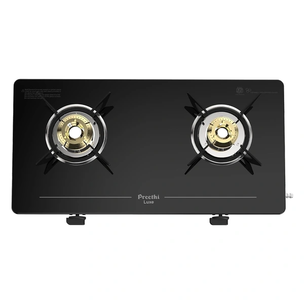 Preethi Luxe 2 Burner Glass Top Gas Stove With Driptray Less Infinity Design, 5 Year Warranty on Glass & Burner, Manual Design, Black  GTS-414