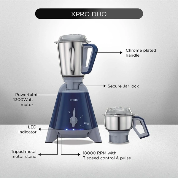  Preethi Xpro Duo MG 198 1300-Watt Mixer Grinder (Deep Blue), Medium MG-198