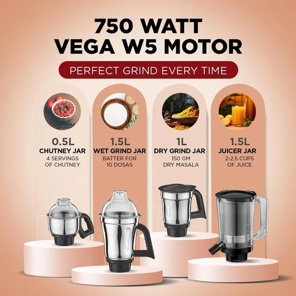 Preethi Zodiac MG-218 mixer grinder, 750 watt, Black/Light Grey, 5 jars - 3 In 1 insta fresh juicer Jar & Master chef food processor Jar, Vega W5 motor with 5yr Warranty & Lifelong Free Service MG-261