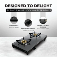 Preethi Luxe 2 Burner Glass Top Gas Stove With Driptray Less Infinity Design, 5 Year Warranty on Glass & Burner, Manual Design, Black  GTS-414