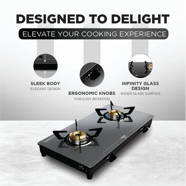 Preethi Luxe 2 Burner Glass Top Gas Stove With Driptray Less Infinity Design, 5 Year Warranty on Glass & Burner, Manual Design, Black  GTS-414