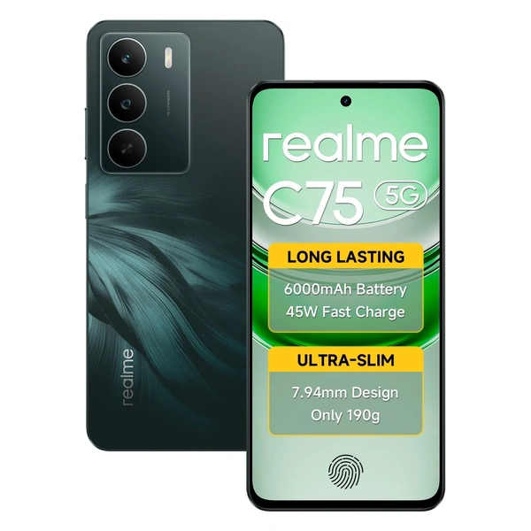 realme C75 5G Smartphone Android 15 Display 6.67" FHD 120Hz 6000mAh Battery 45W Charge 4GB RAM 128GB ROM Dual SIM Support AI Camera Fingerprint WiFi GPS (Black)