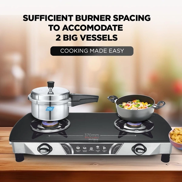 Preethi Bluflame Streak Plus Glass Top 2 Burner Gas Stove, with Jumbo Burner, Manual Ignition, Black   GTS-116