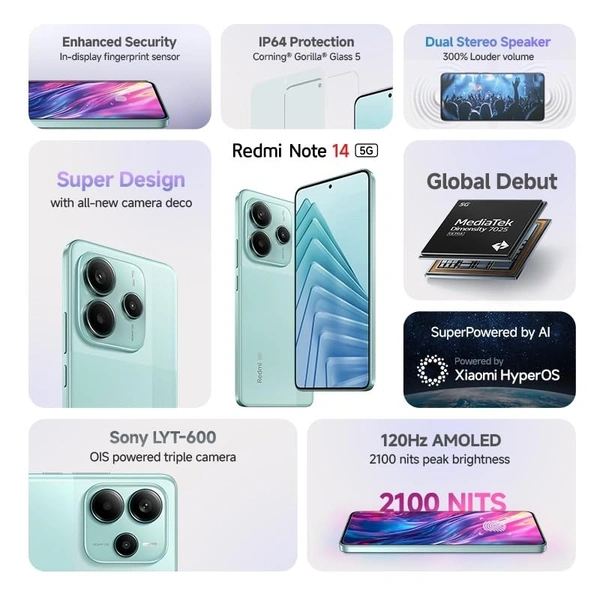 Redmi Note 14 5G (Ivy Green, 6GB RAM 128GB Storage) | Global Debut MTK Dimensity 7025 Ultra | 2100 nits Segment Brightest 120Hz AMOLED | 50MP Sony LYT 600 OIS+EIS Triple Camera
