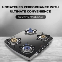 Preethi Blu Flame Jumbo Glass top 4 Burner Gas Stove, Manual Ignition, Black (ISI Certified)   GTS-106