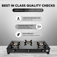 Preethi Bluflame Sparkle Power Duo 3 Burner Glass top Gas Stove with Power Burner and Swirl flame technology, saves gas and cooks faster, Manual Ignition, Black  GTS-403 